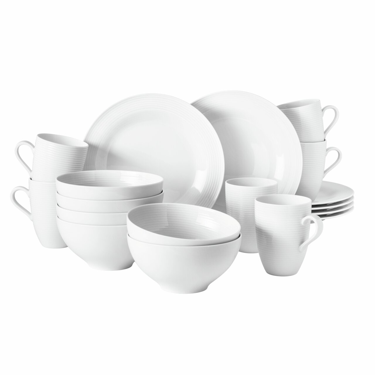 Frontalansicht eines 18-teiligen weißen Frühstück-Sets mit Tellern, Schalen und Tassen.