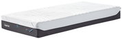 Viscomatratze 80x200 soft in seitlicher Perspektive mit weißem Obermaterial und schwarzem Unterteil.