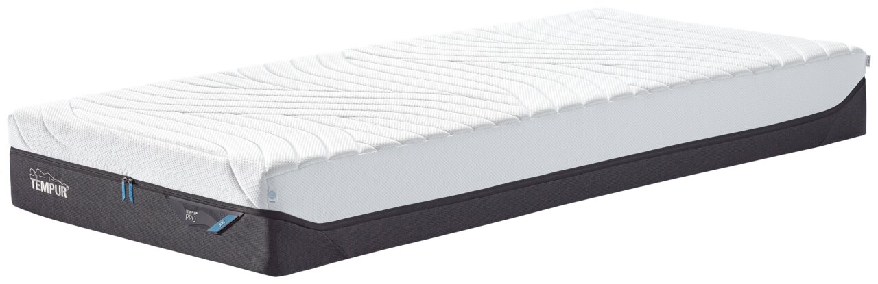 Viscomatratze 80x200 soft in seitlicher Perspektive mit weißem Obermaterial und schwarzem Unterteil.