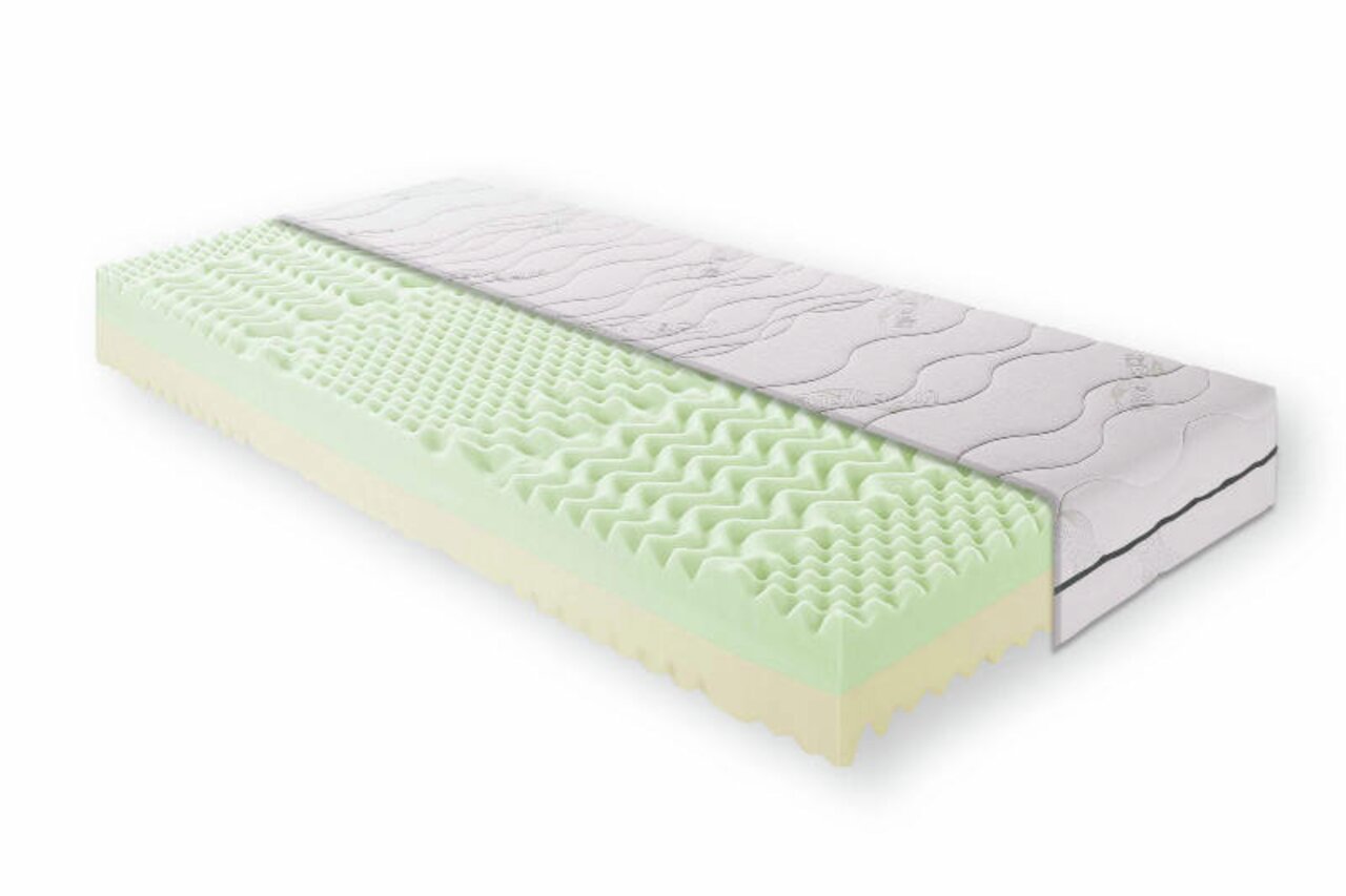 Kaltschaummatratze mit wellenförmiger Oberfläche, teilweise mit Bezug, seitliche Perspektive