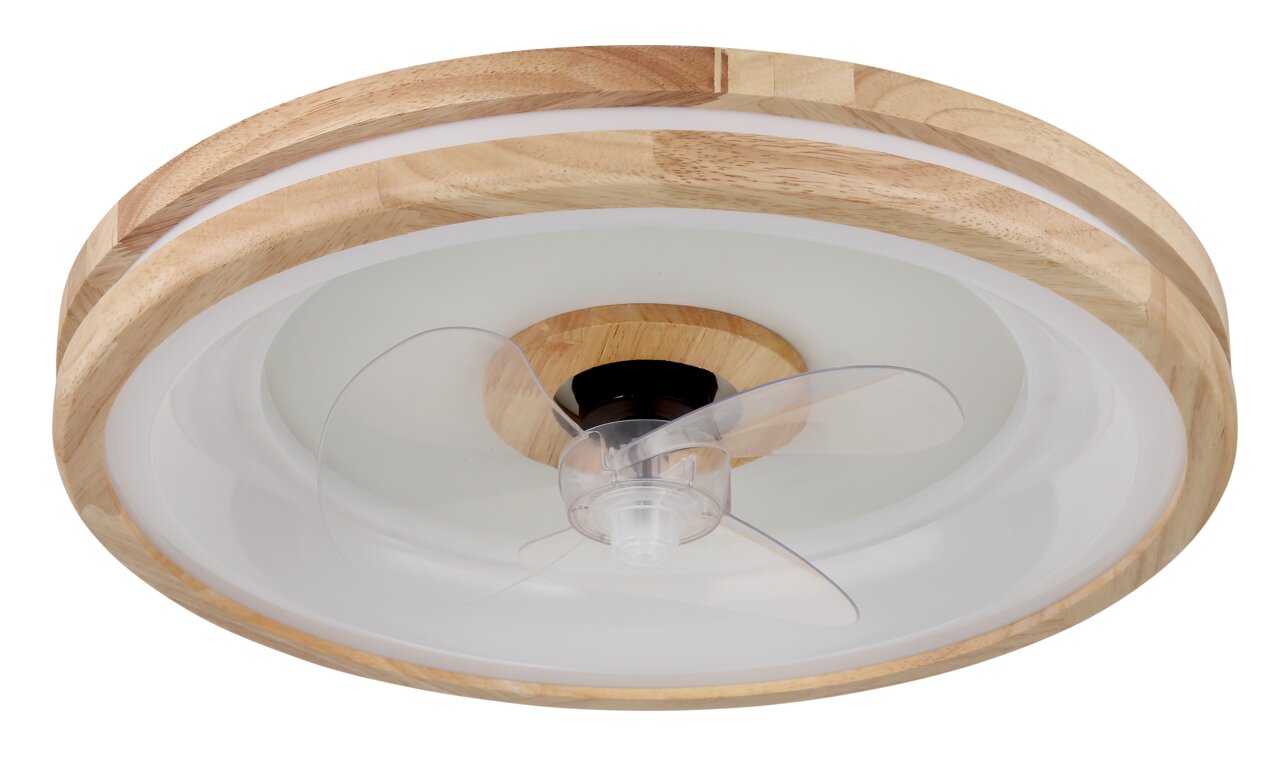 Plafondventilator met houten frame en doorzichtige bladen, gezien van onderaf.