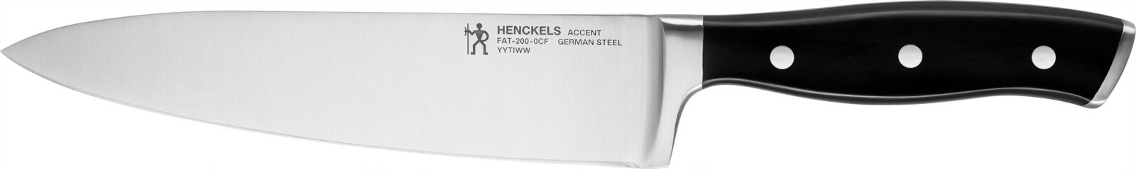 Seitliche Produktansicht eines Henckels Accent Kochmessers aus deutschem Stahl mit breiter, silberfarbener Klinge und schwarzem, dreifach vernietetem Griff