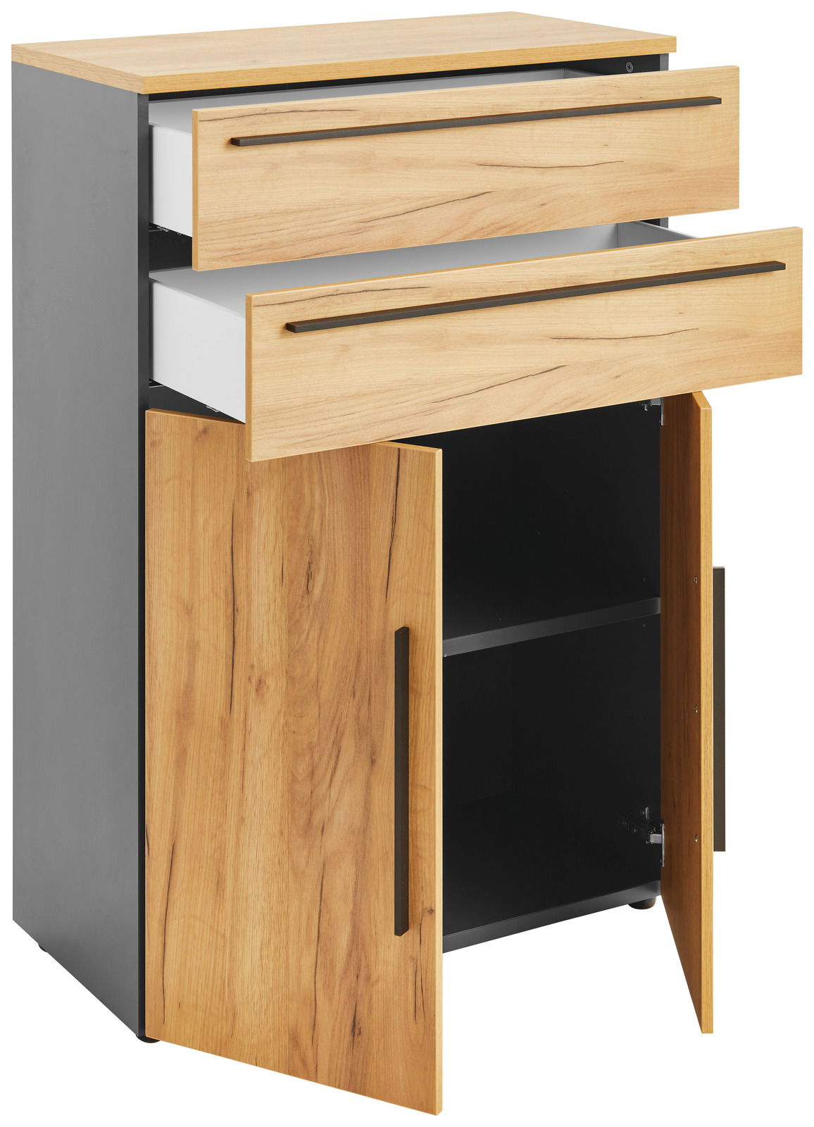 Aktenschrank niedrig mit zwei offenen Schubladen und einer offenen Tür, aus Holz und Metall, seitliche Perspektive