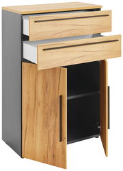 Aktenschrank niedrig mit zwei offenen Schubladen und einer offenen Tür, aus Holz und Metall, seitliche Perspektive