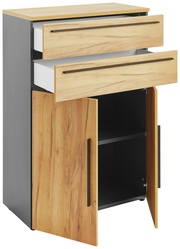 Aktenschrank niedrig mit zwei offenen Schubladen und einer offenen Tür, aus Holz und Metall, seitliche Perspektive