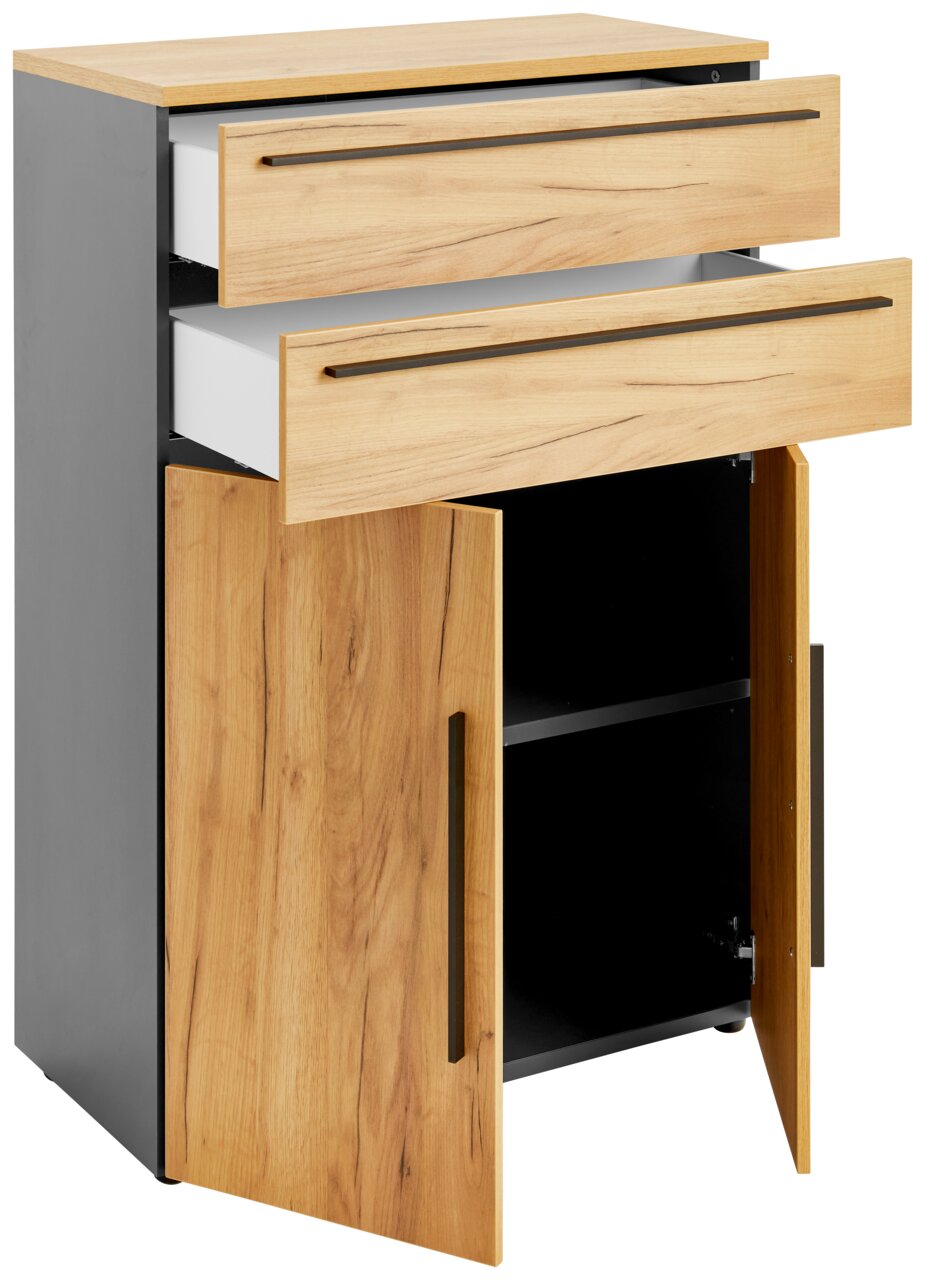 Aktenschrank niedrig mit zwei offenen Schubladen und einer offenen Tür, aus Holz und Metall, seitliche Perspektive
