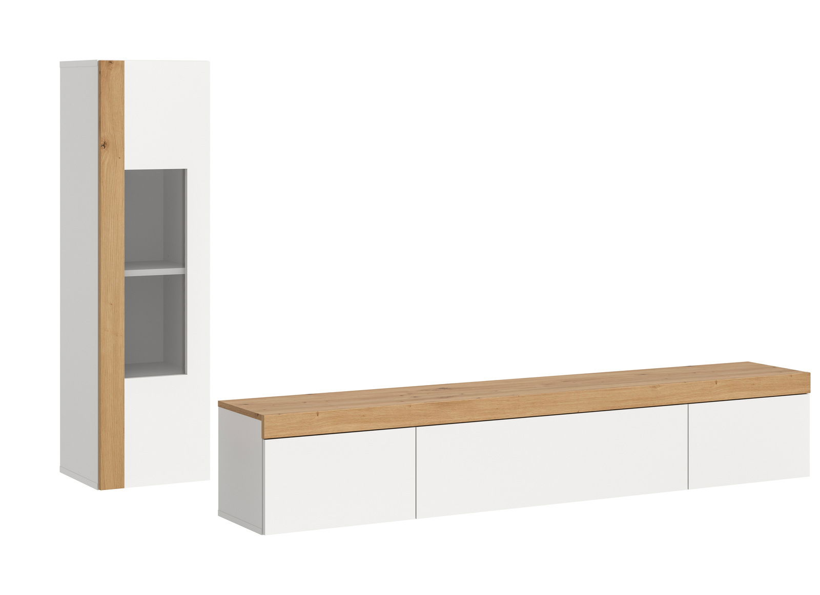 Wohnkombination bestehend aus einem hohen Schrank mit Holz- und Weißakzenten und einem langen, niedrigen TV-Board mit Holzoberfläche, seitliche Perspektive.