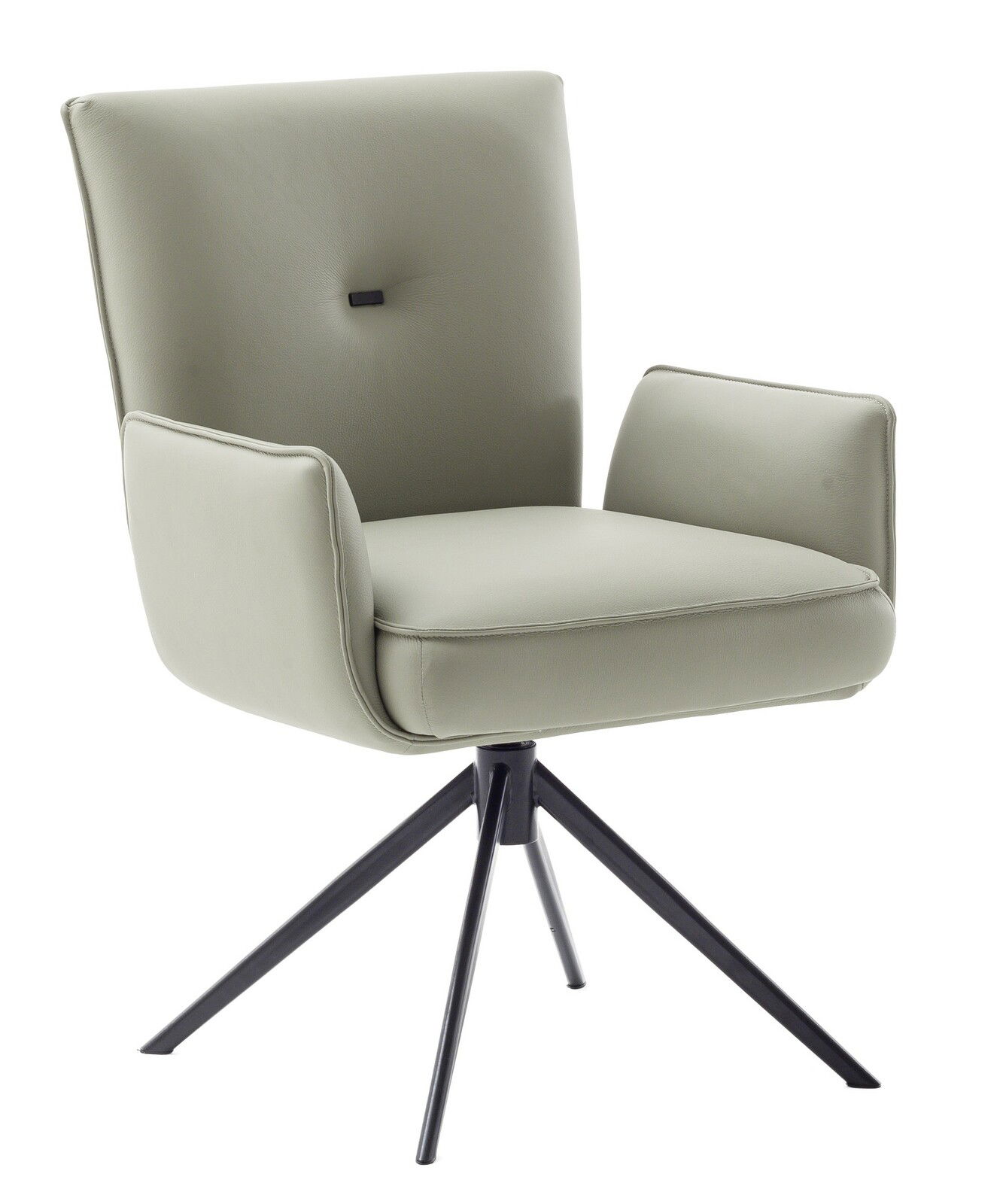 Moderner Sessel mit hellgrauem Polster und schwarzem Metallgestell, seitliche Perspektive