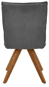 Rückansicht eines grauen Stuhls mit Holzbeinen, der eine gerippte Textur aufweist.