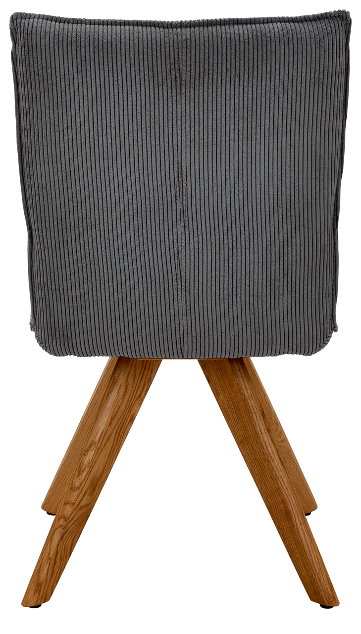 Johann Jakob Stuhl CALAS Rückansicht eines grauen Stuhls mit Holzbeinen, der eine gerippte Textur aufweist.
