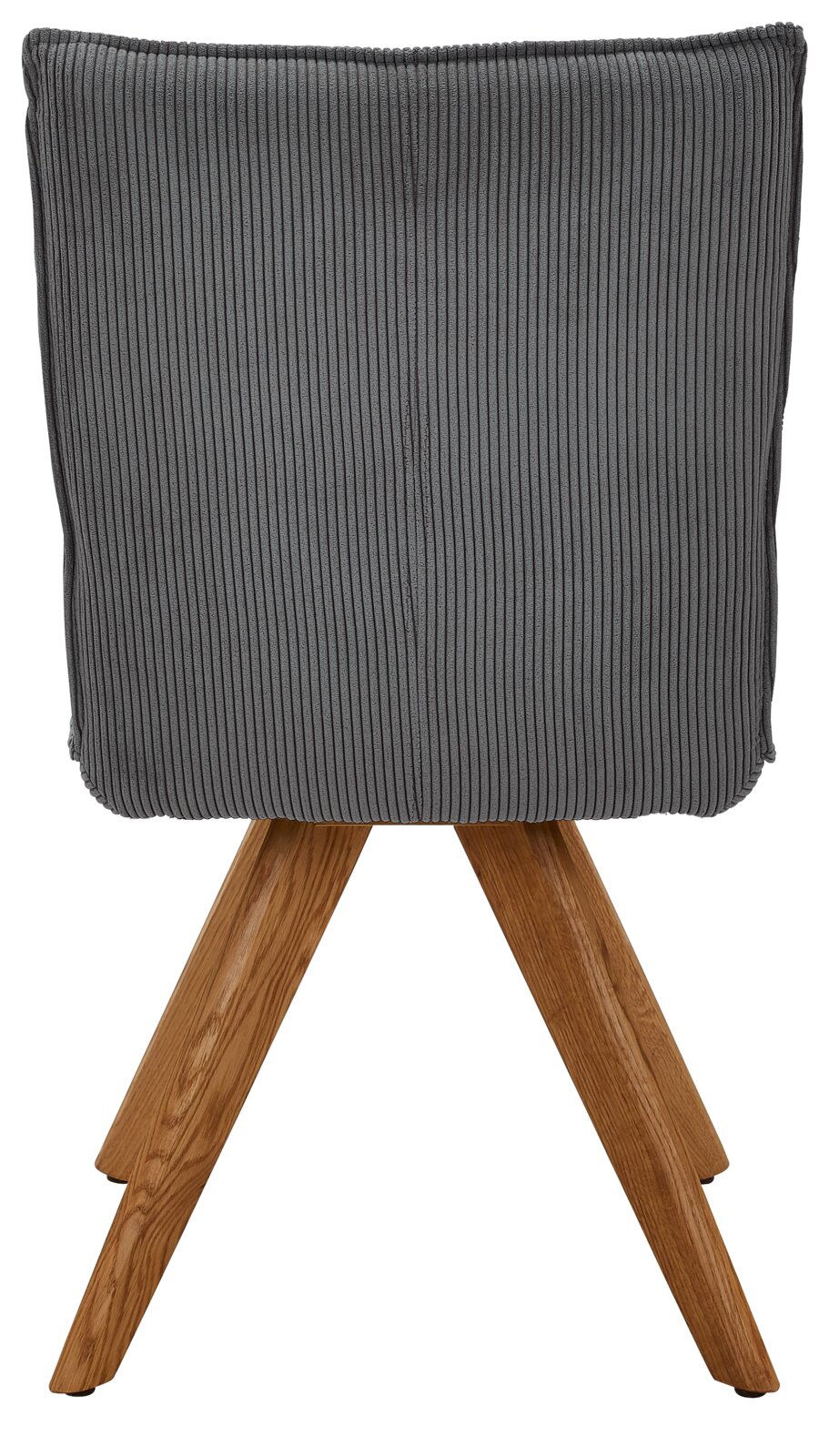 Johann Jakob Stuhl CALAS Rückansicht eines grauen Stuhls mit Holzbeinen, der eine gerippte Textur aufweist.