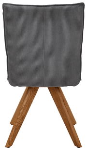 Rückansicht eines grauen Stuhls mit Holzbeinen, der eine gerippte Textur aufweist.