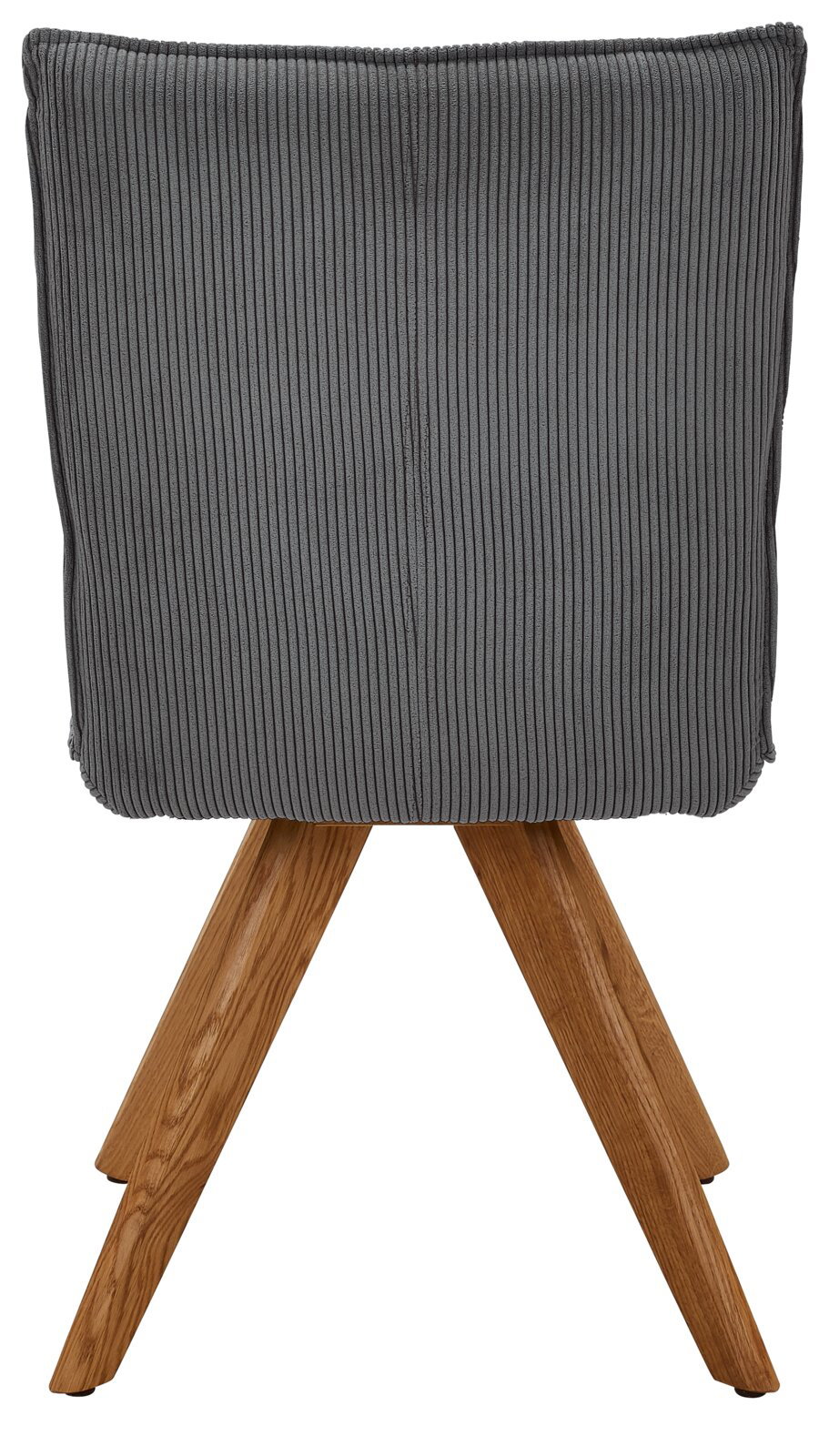 Rückansicht eines grauen Stuhls mit Holzbeinen, der eine gerippte Textur aufweist.