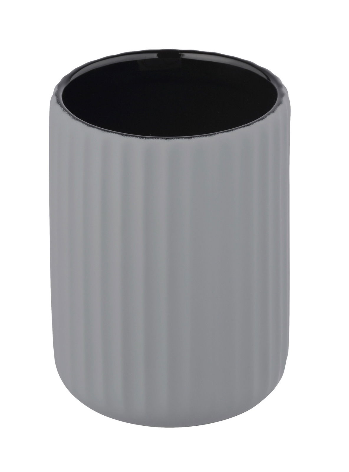 Grauer, gerippter Keramik Zahnputzbecher Belluno, Ansicht von schräg oben.