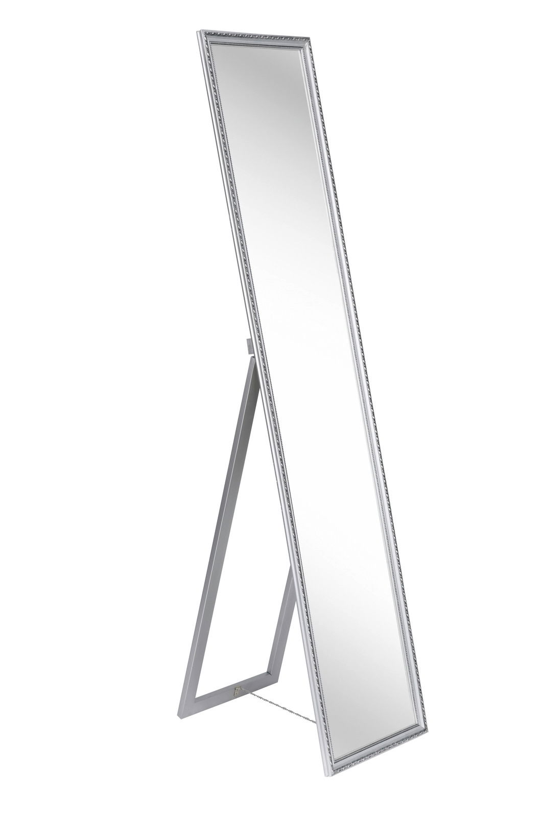 Standspiegel mit silbernem Rahmen, seitliche Perspektive