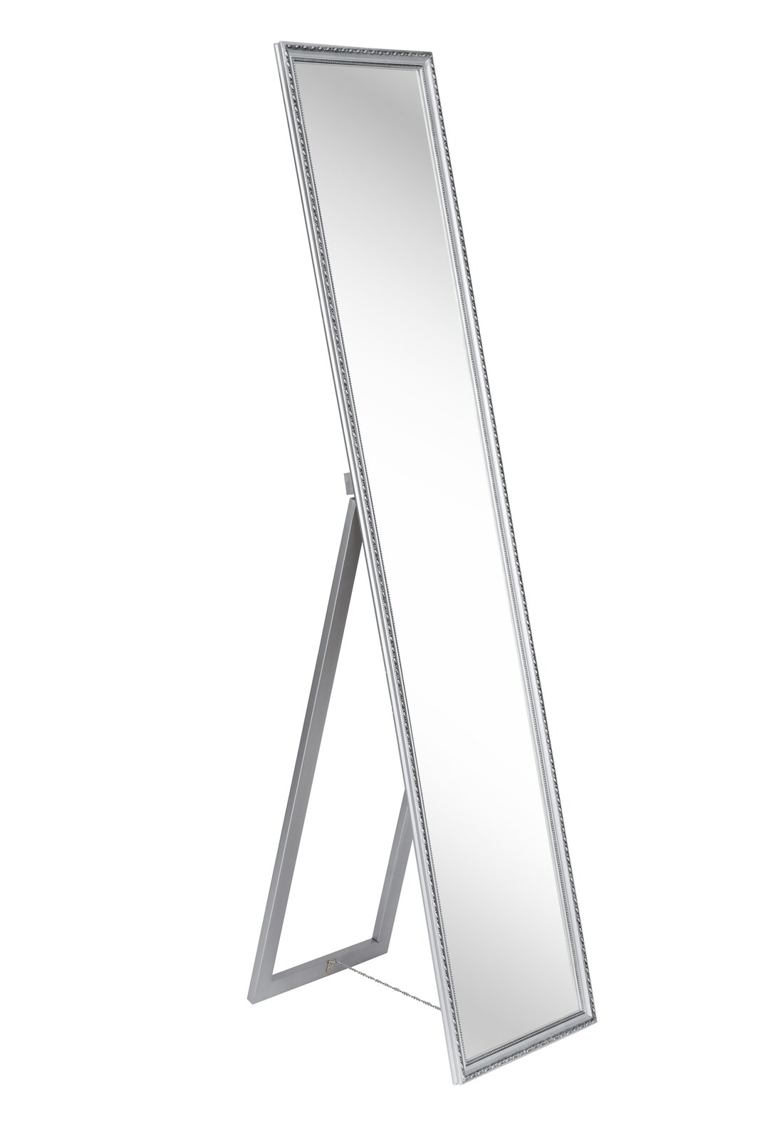 Standspiegel mit silbernem Rahmen, seitliche Perspektive