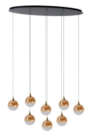 Hängeleuchte mit acht kugelförmigen, goldfarbenen Lampenschirmen, von einer schwarzen Deckenplatte hängend. Frontale Perspektive.