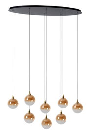 Hängeleuchte mit acht kugelförmigen, goldfarbenen Lampenschirmen, von einer schwarzen Deckenplatte hängend. Frontale Perspektive.
