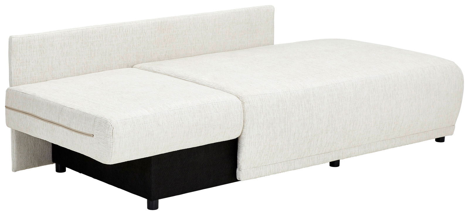 Weiße Recamiere in seitlicher Perspektive mit schwarzem Sockel und schlichtem Design.