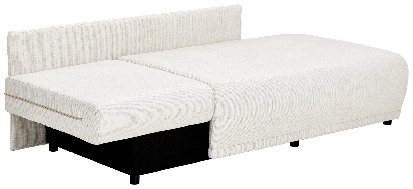 Weiße Recamiere in seitlicher Perspektive mit schwarzem Sockel und schlichtem Design.