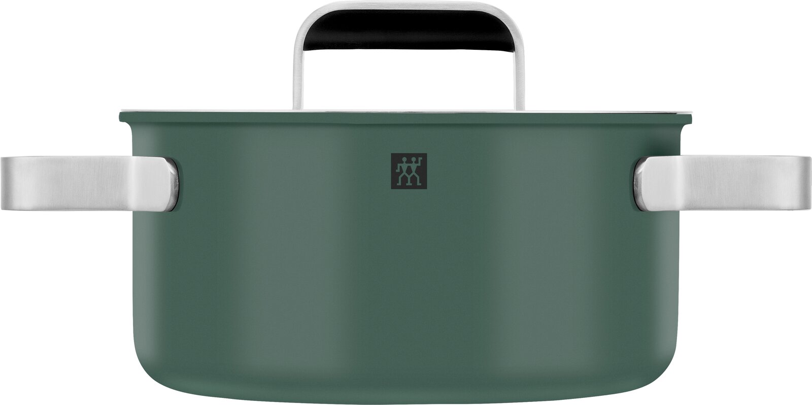 Grüner Kochtopf mit zwei silbernen Griffen und schwarzem Deckelgriff, Vorderansicht