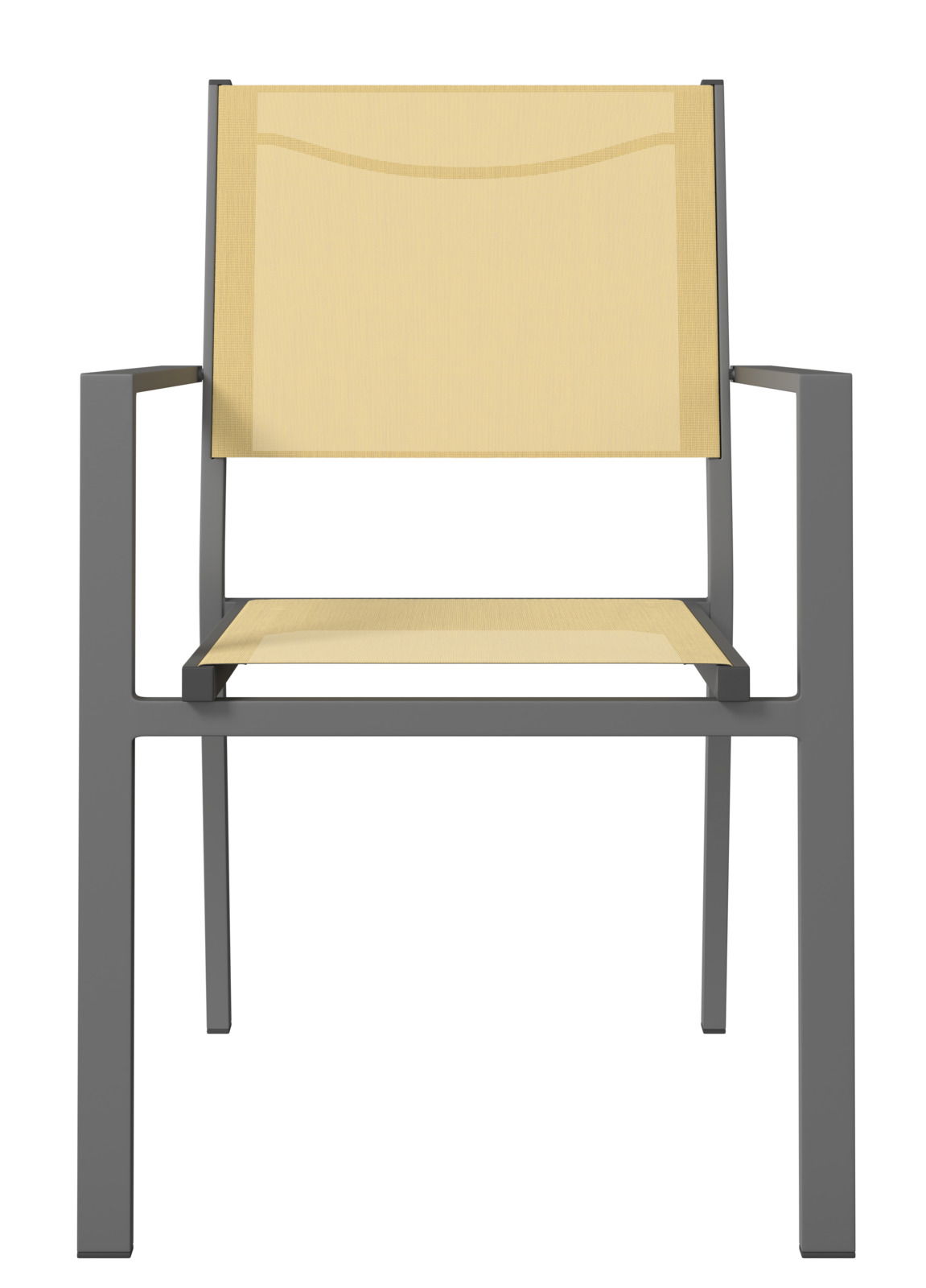 Moderner Stapelsessel mit gelber Sitzfläche und Rückenlehne, frontal abgebildet.