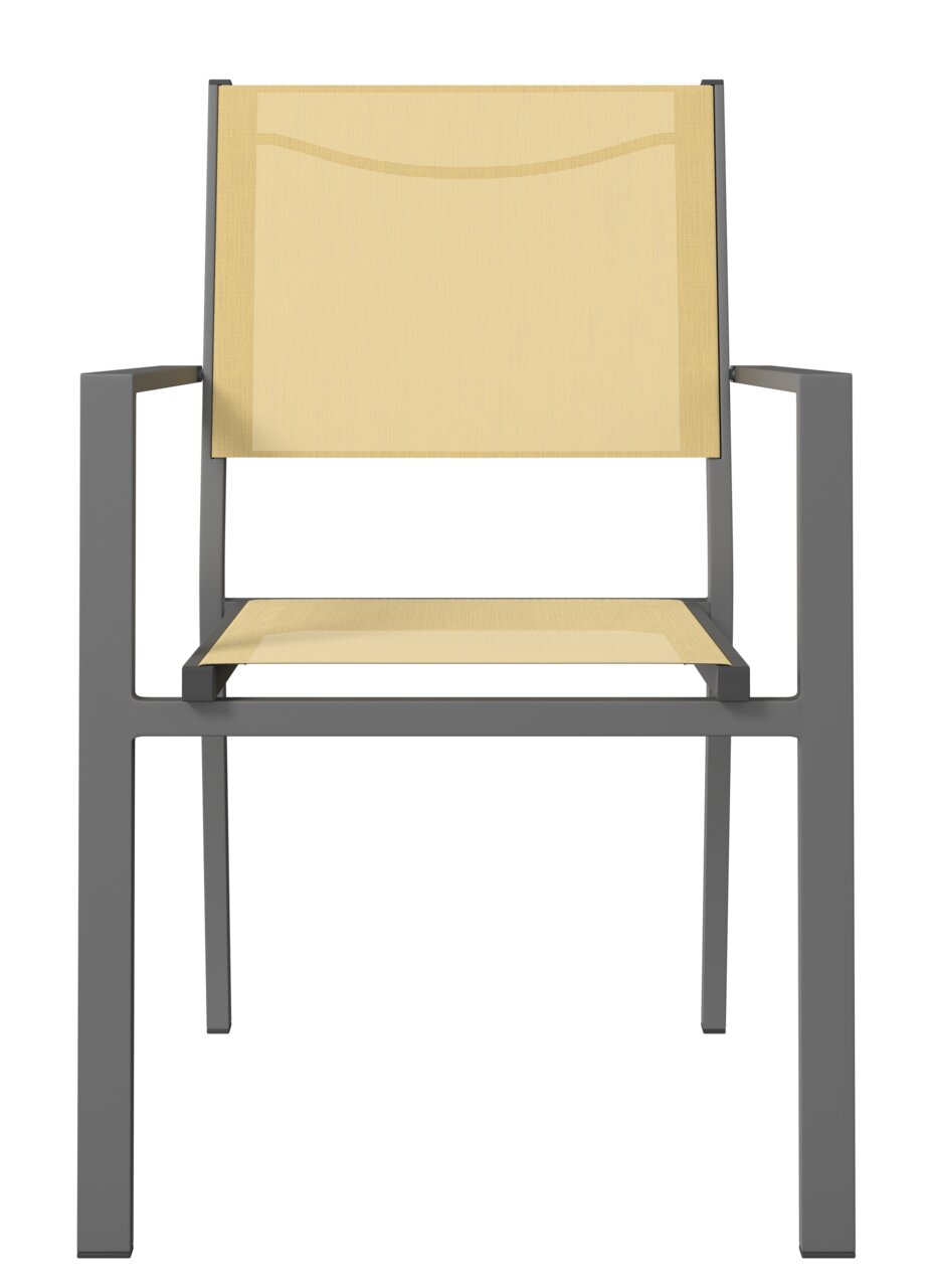 Moderner Stapelsessel mit gelber Sitzfläche und Rückenlehne, frontal abgebildet.
