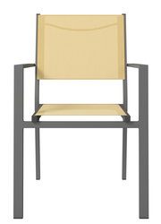 Moderner Stapelsessel mit gelber Sitzfläche und Rückenlehne, frontal abgebildet.