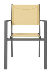 Moderner Stapelsessel mit gelber Sitzfläche und Rückenlehne, frontal abgebildet.