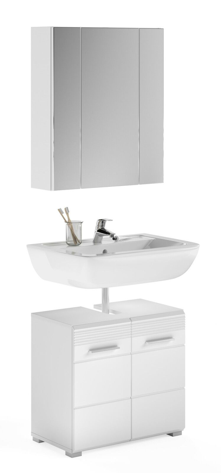 MID.YOU Badkombination LINUS Moderne Badkombination LINUS mit Spiegelschrank, Waschbecken und Unterschrank in weißer Frontansicht.