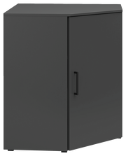 Dunkelgraue Eckkommode mit einer Tür und schwarzem Griff, seitliche Perspektive