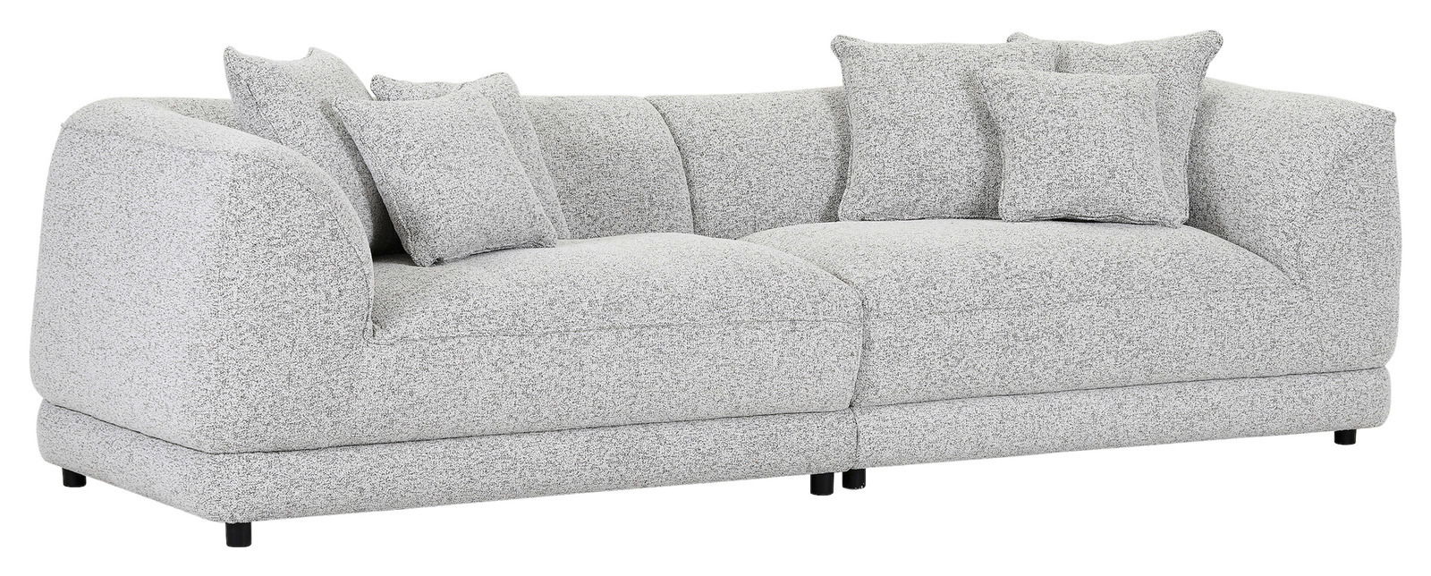 Großes, modernes Big-Sofa in hellgrauem Stoff mit mehreren Kissen, seitliche Perspektive