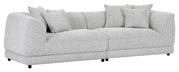 Großes, modernes Big-Sofa in hellgrauem Stoff mit mehreren Kissen, seitliche Perspektive