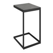 Moderner Beistelltisch mit schwarzem Metallrahmen und grauer Tischplatte, seitliche Perspektive