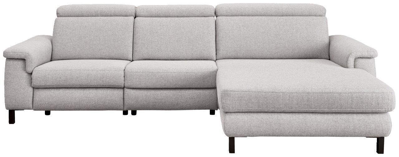 Graue Longchairkombination mit drei Sitzen und einer verlängerten Liegefläche, Vorderansicht.