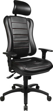 Schwarzer Gaming-Stuhl mit Kopfstütze und Armlehnen, seitliche Perspektive