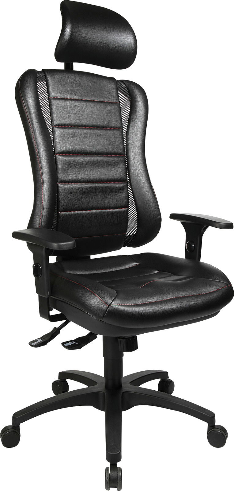 Schwarzer Gaming-Stuhl mit Kopfstütze und Armlehnen, seitliche Perspektive