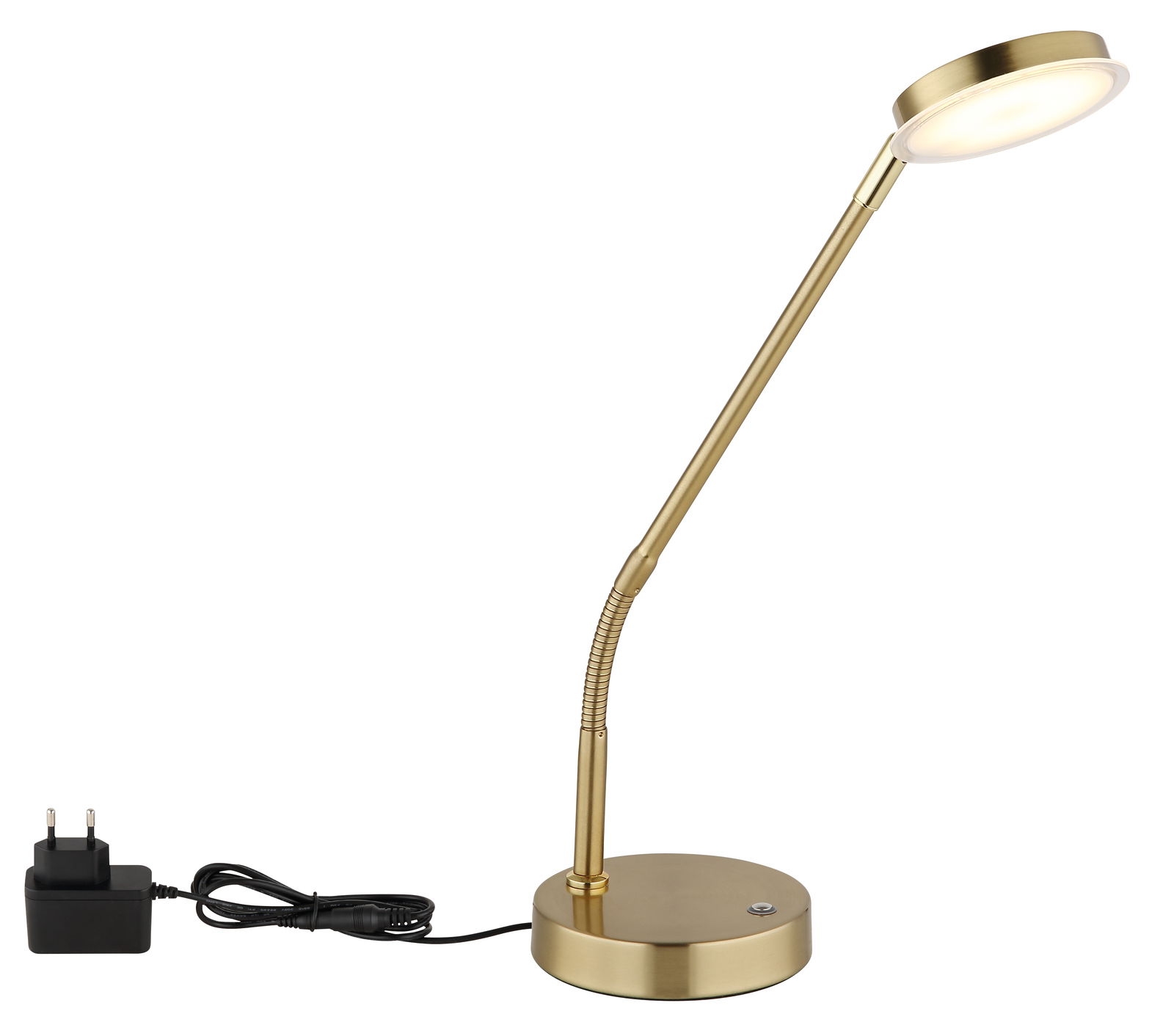 Goldene LED-Tischleuchte mit flexiblem Hals und rundem Sockel, seitliche Perspektive