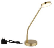 Goldene LED-Tischleuchte mit flexiblem Hals und rundem Sockel, seitliche Perspektive