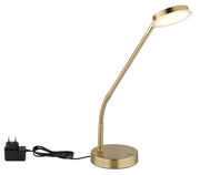 Goldene LED-Tischleuchte mit flexiblem Hals und rundem Sockel, seitliche Perspektive