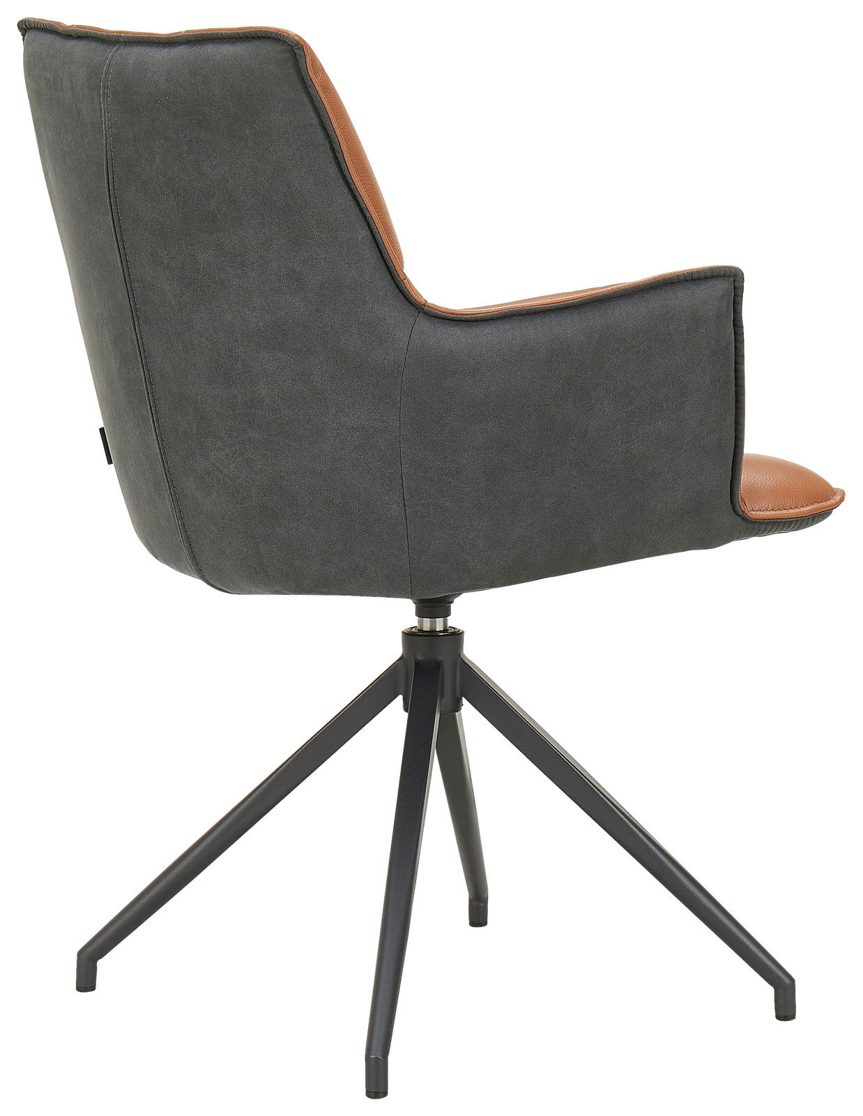 Moderner Sessel mit grauem Stoffbezug und braunen Akzenten, seitliche Rückansicht