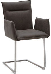 Moderner Freischwinger-Sessel in dunklem Stoffbezug mit Metallgestell, seitliche Perspektive