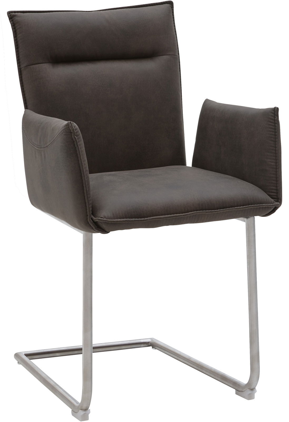 Moderner Freischwinger-Sessel in dunklem Stoffbezug mit Metallgestell, seitliche Perspektive