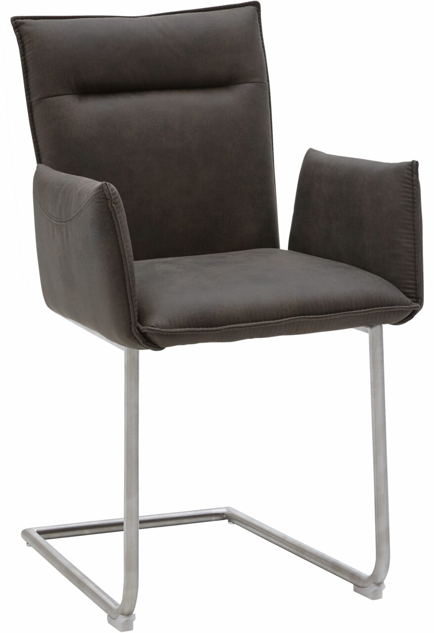 Moderner Freischwinger-Sessel in dunklem Stoffbezug mit Metallgestell, seitliche Perspektive
