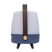 Frontansicht einer tragbaren Lampe mit Holzgriff und blauem Sockel.