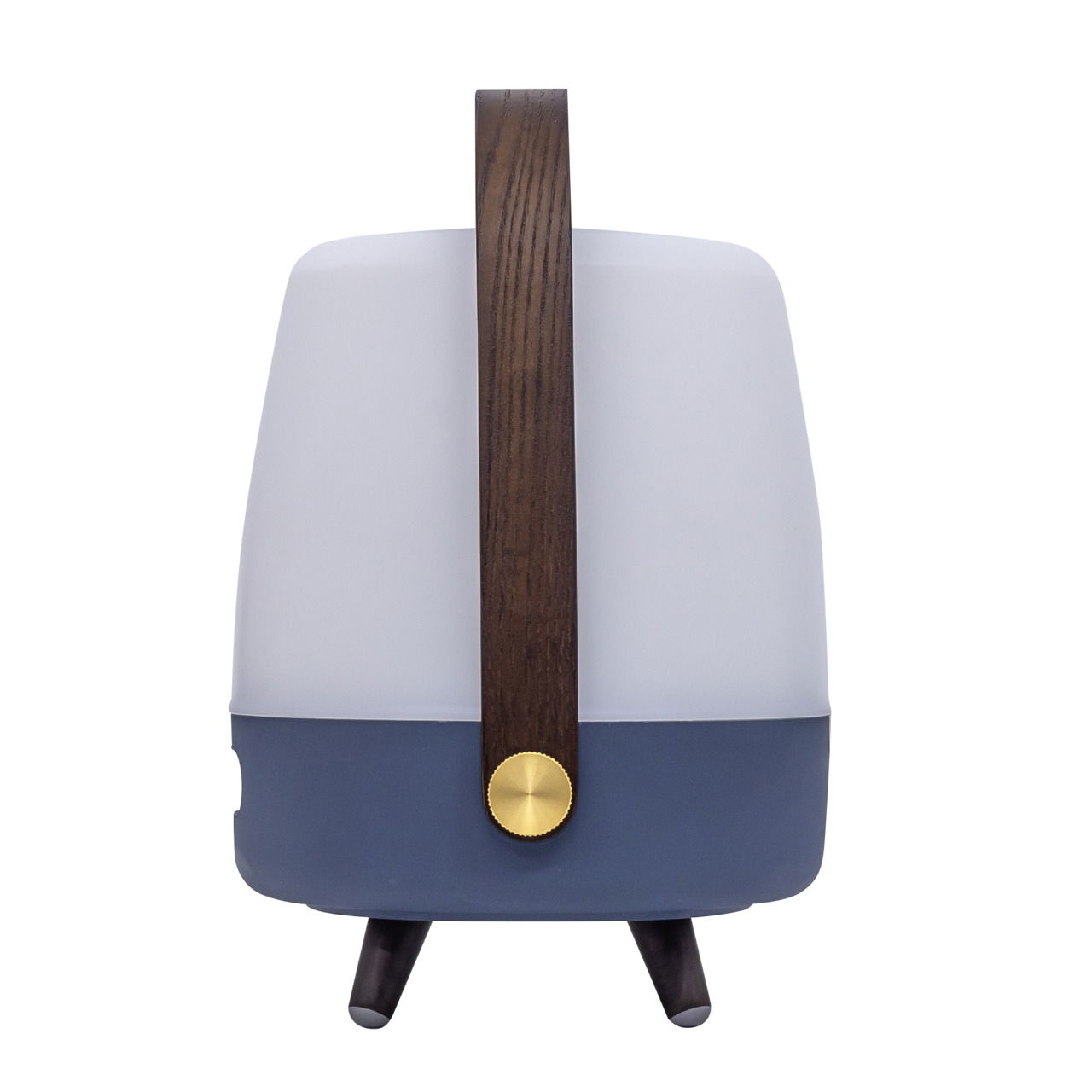 Frontansicht einer tragbaren Lampe mit Holzgriff und blauem Sockel.
