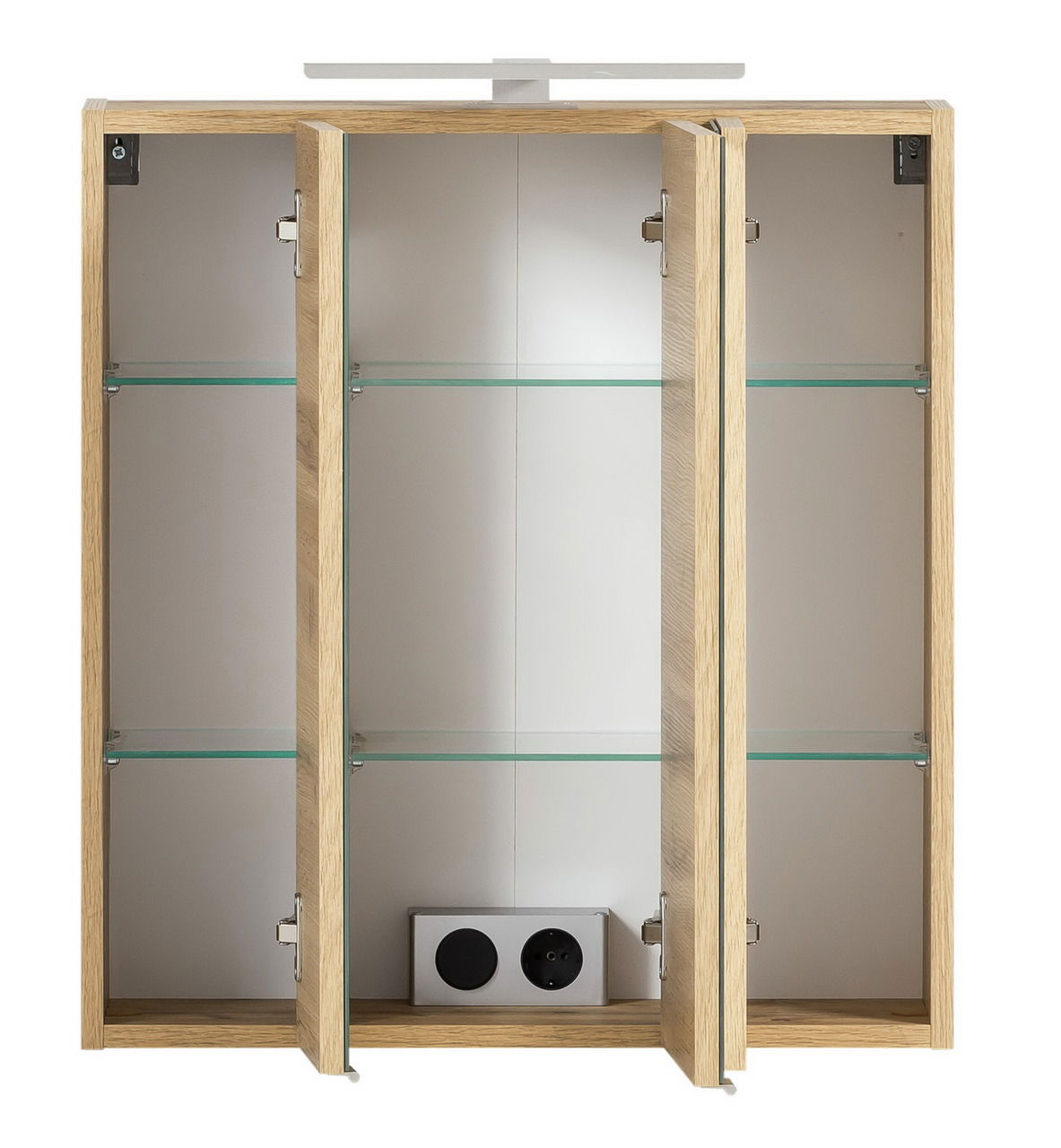 Spiegelschrank 60 cm mit drei offenen Türen, Holzrahmen und Glasregalen, Frontalansicht