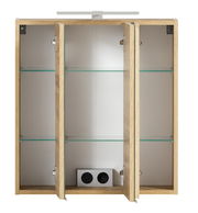 Spiegelschrank 60 cm mit drei offenen Türen, Holzrahmen und Glasregalen, Frontalansicht