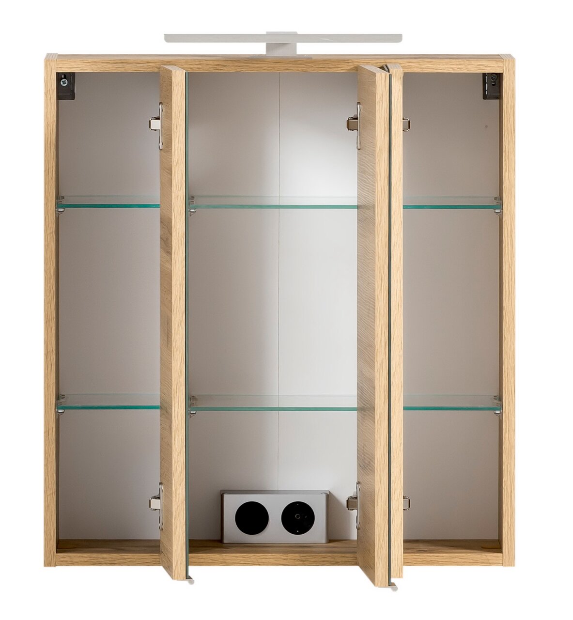 Spiegelkast van 60 cm met drie open deuren, houten frame en glazen planken, vooraanzicht