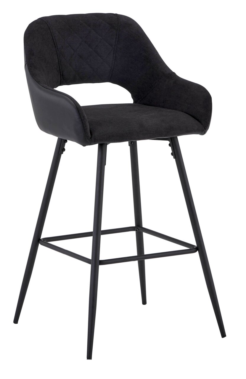 Moderner Barstuhl mit schwarzem Stoffbezug und Metallbeinen, seitliche Perspektive